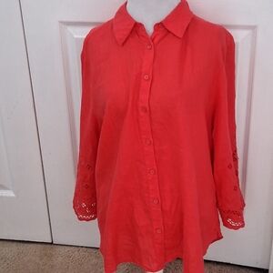 Chico's  Coral Linen Button-Down Shirt With Laser Cut Sleeves    Size 3